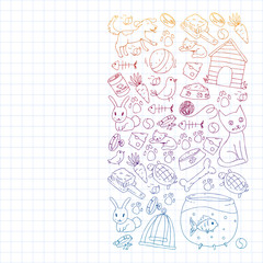 Pet shop. Vector illustration with animals, dog, cat, fish, Colorful background with kitten, bird, puppy. Veterinarian clinic.