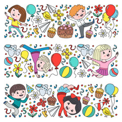 Vector illustration in cartoon style, active company of playful preschool kids jumping, at a party, birthday.