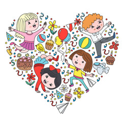 Fototapeta premium Vector illustration in cartoon style, active company of playful preschool kids jumping, at a party, birthday.