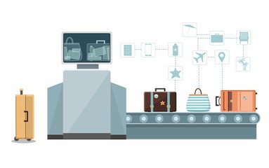 Baggage check, custom scanner at the airport. Vector Infographic