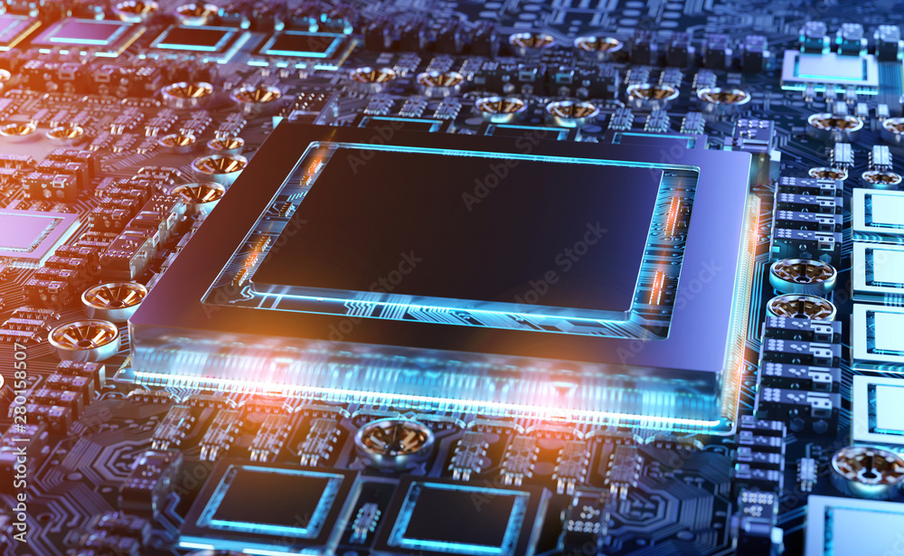 Fototapete close-up view of a modern gpu card with circuit 3d rendering