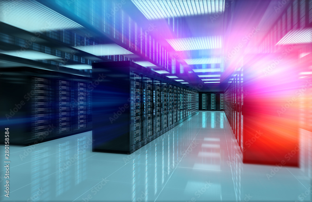Poster servers data center room with bright speed light through the corridor 3d rendering