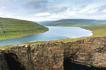 Leitisvatn lake amazing panorama view. Vagar, Faroe Islands.
