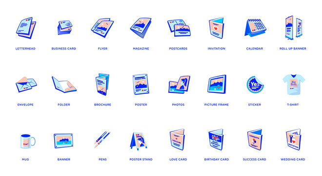 Set of vector printout icons. Brochure, business card, flyer, magazine, postcard, poster, banner, rollup, sticker, mug, folder, other printing shop products. Promotion print advertising materials. 