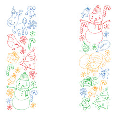 Christmas winter party. Happy new year. Bullfinch, Santa Claus, snowman, deer. Presents and candy.