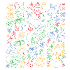 Christmas winter party. Happy new year. Bullfinch, Santa Claus, snowman, deer. Presents and candy.