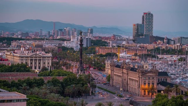 Rapid day to night transition of vibrant Barcelona city center. Holy grail time lapse.