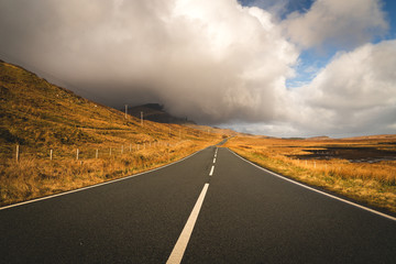 Fototapeta na wymiar empty road in the desert with clouds, isle of skye scotland, the old man of storr