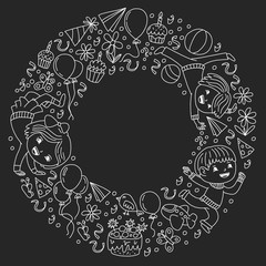 Vector illustration in cartoon style, active company of playful preschool kids jumping, at a party, birthday. Chalk drawing on a school blackboard.