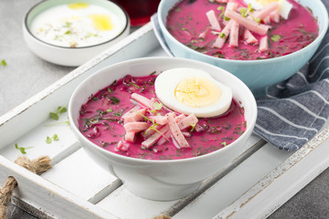 Cold beet soup, traditional Lithuanian dish, summer food. Fresh vegetables (cucumbers, radishes, green onions, cilantro), sour cream, egg, ham