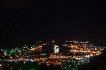 Bay of Kotor at night. View from Mount Lovcen down towards Kotor in Montenegro.