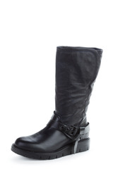 Woman high knee leather boots isolated on white background