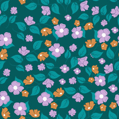 Purple and orange flower composition in a seamless pattern design