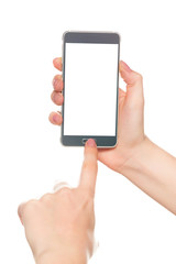 Woman holding black modern smart phone with isolated screen for app or web site presentation