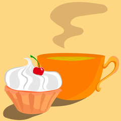 vector illustration of cupcake with white cream and green hot tea in orange mug