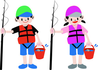 ライフジャケットを着て釣りをする子供のイラスト