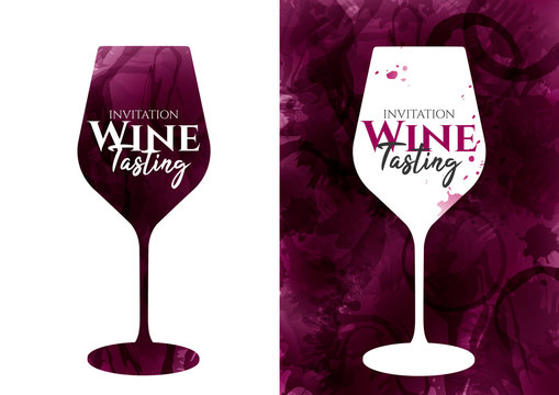 Illustration of red wine glass with color spots. Wine glass silhouette with strokes and wine stains background. shows text. Wine tasting invitation, promotion banner, event flyer.