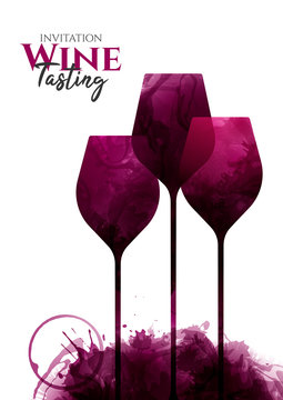 Illustration of three glasses of red wine, elongated. Wine stains and drops. White background with sample text. Elegant, creative, artistic. Poster, flyer, banner, magazine cover, decoration.