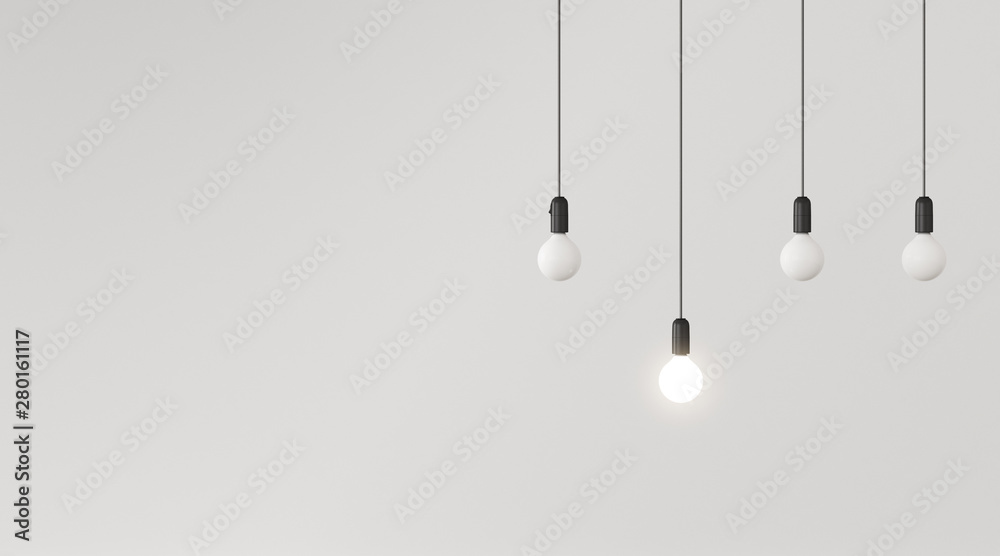 Aufkleber mock up of hanging light bulbs with one glowing on white wall background,conceptual idea,outstanding