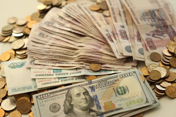Ruble coins, 500 rubles and dollar banknotes, Money, cash, currency exchange, Russian and American national currency