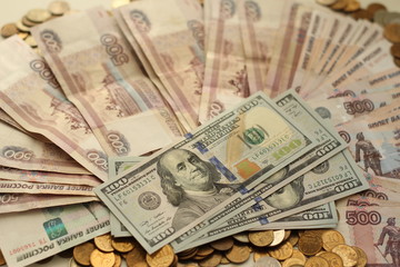 Ruble coins, 500 rubles and dollar banknotes, Money, cash, currency exchange, Russian and American national currency