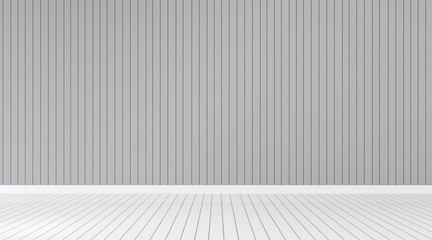 Mock up of light gray empty room with plank wall,white laminate floor. Perspective of minimal interior. 3D rendering