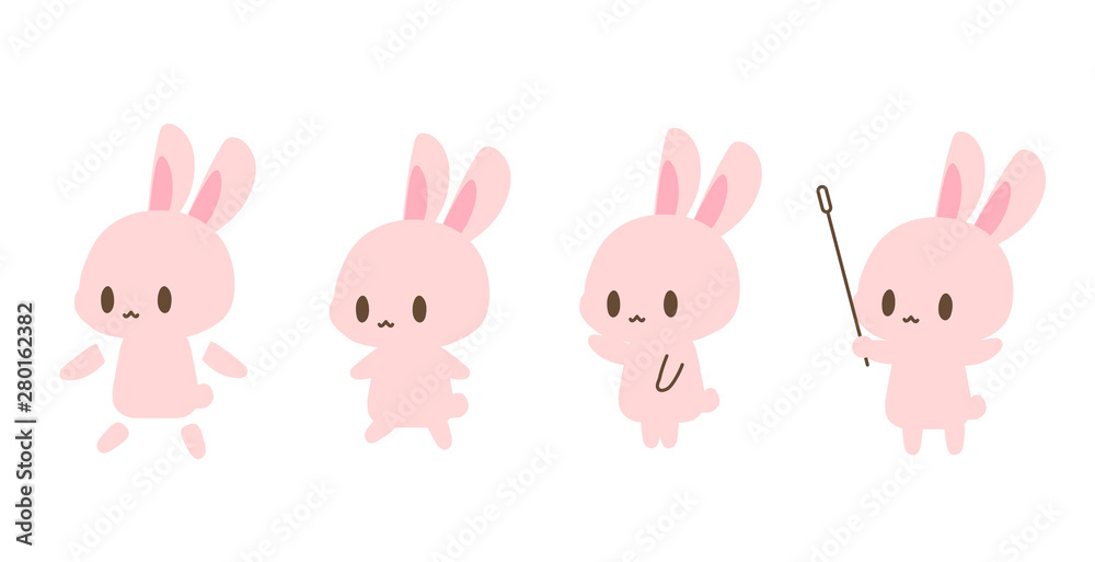 Fototapete ピンクうさぎイラスト・うさ耳顔手足胴体パーツ分け素材・指し棒・指示・教えるイラストアイコン