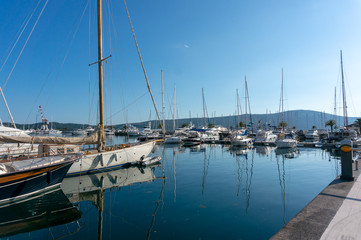 Fototapeta premium Porto Montenegro. Yachts in the sea port of Tivat city. Kotor bay, Adriatic sea. Famous travel destination.