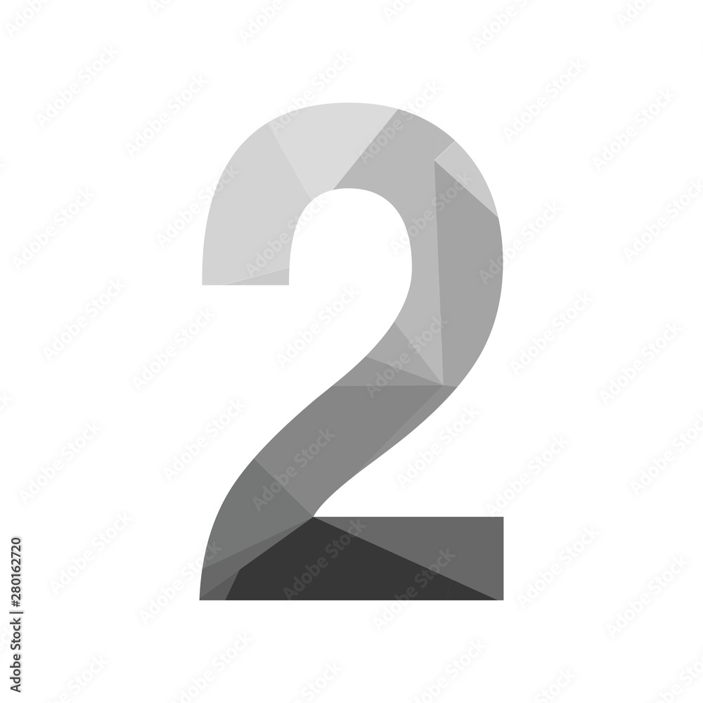 Wall mural grey vector polygon two number font with long shadow. low poly illustration of flat design.