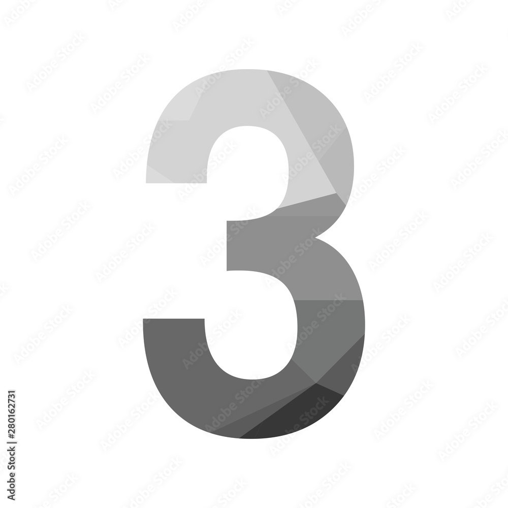 Wall mural grey vector polygon three number font with long shadow. low poly illustration of flat design.