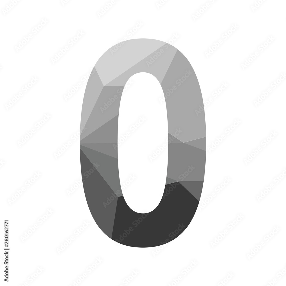 Wall mural grey vector polygon zero number font with long shadow. low poly illustration of flat design.