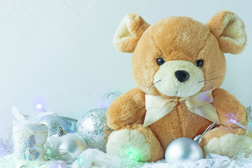 Christmas card in metal silver colors. Symbol of New Year 2020, cute soft rat with ribbon bow, New Year decorations