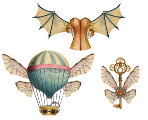 Set of steampunk elements with air balloons, wings, keys, glasses, corset. Hand drawn colored pencil illustration. © Daria Pneva