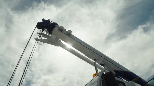 Modern Heavy Construction Machine. Lifter Loader Truck on Work, Mobile Crane Low Angle