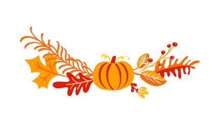 Vector autumn bouquet elements. maple orange leaves, berries and pumpkin isolated on white background. Perfect for seasonal holidays, Thanksgiving Day