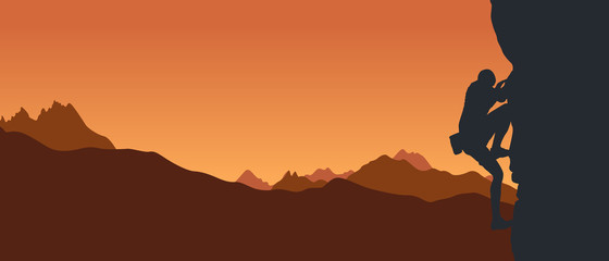 Black silhouette of a climber on a cliff with mountains as a background. Vector illustration