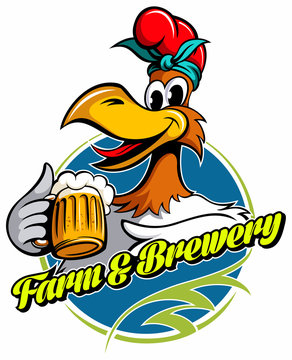 Cartoon style chicken with the beer mug, vector image.