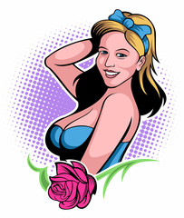 Comic book style, pop art style smiling woman with ornament and red rose, vector image.