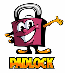 Cartoon style padlock mascot, cartoon character, vector logo.