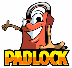 Cartoon style padlock mascot, cartoon character, vector logo.