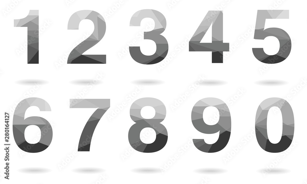 Wall mural set of grey vector polygon numbers font with shadow. low poly illustration of flat design.