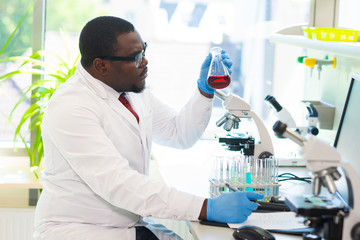 African-american medical doctor working in research lab. Science assistant making pharmaceutical...