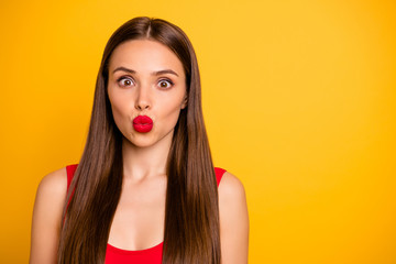 Close-up portrait of her she nice-looking attractive lovely lovable charming cute magnificent girlish feminine posh straight-haired lady sending kiss isolated over bright vivid shine yellow background