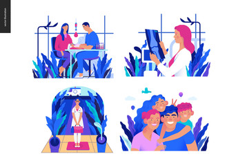 Set of medical insurance illustrations -blood test, x-ray test, home medical assistance, family insurance -modern flat vector concept digital illustrations, insurance plan metaphor