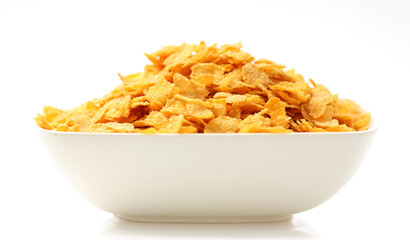 cornflakes in bowl isolated on white background