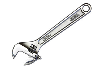 Chrome adjustable wrench on white background.