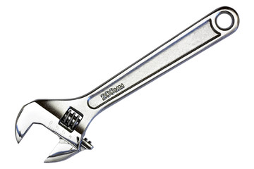 Chrome adjustable wrench on white background.