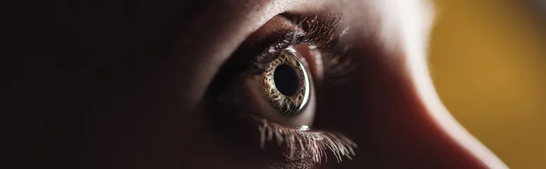 Foto op Plexiglas close-up van het menselijk oog dat wegkijkt in het donker, panoramische opname © LIGHTFIELD STUDIOS