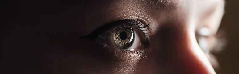 Foto op Aluminium close up view of human eye looking away in darkness, panoramic shot © LIGHTFIELD STUDIOS