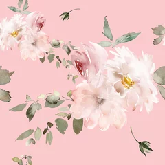 Fototapete Hell-pink Nahtloses Sommermuster mit Aquarellblumen handgefertigt.